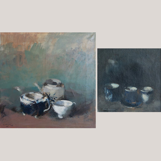 Pair of Still Life Paintings - Oil Studies Teacups and Pots – Signed and Dated