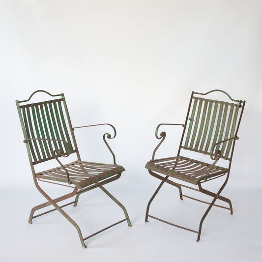 Pair Antique French or Spanish Wrought Iron Garden Chairs