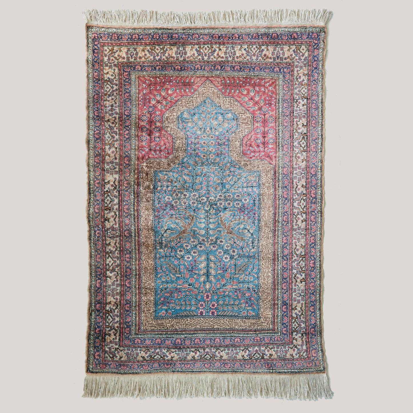 Vintage Hand-Knotted Hereke Silk Prayer Rug, Tree of Life Design – 188 × 118 cm