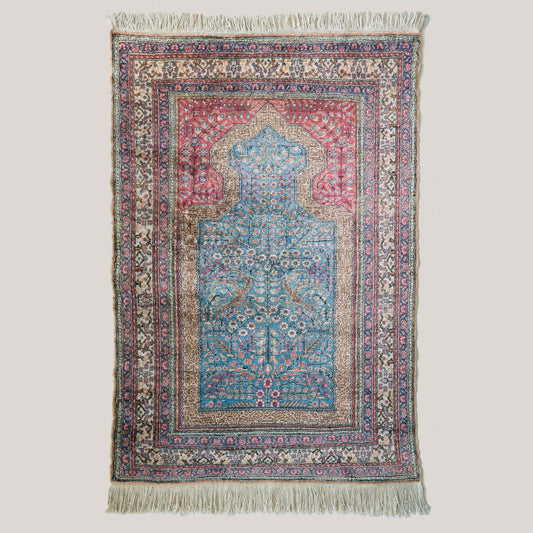 Vintage Hand-Knotted Hereke Silk Prayer Rug, Tree of Life Design – 188 × 118 cm