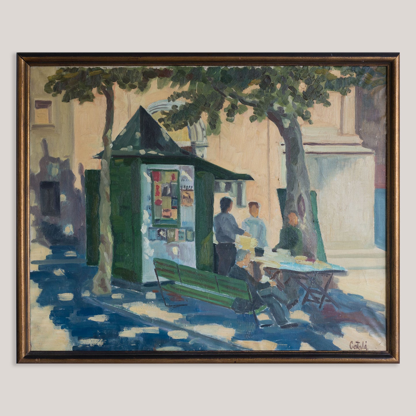 Vintage European Street Scene with Newspaper Kiosk | Possibly Signed Català | Oil on Canvas