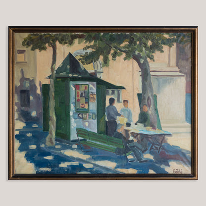 Vintage European Street Scene with Newspaper Kiosk | Possibly Signed Català | Oil on Canvas