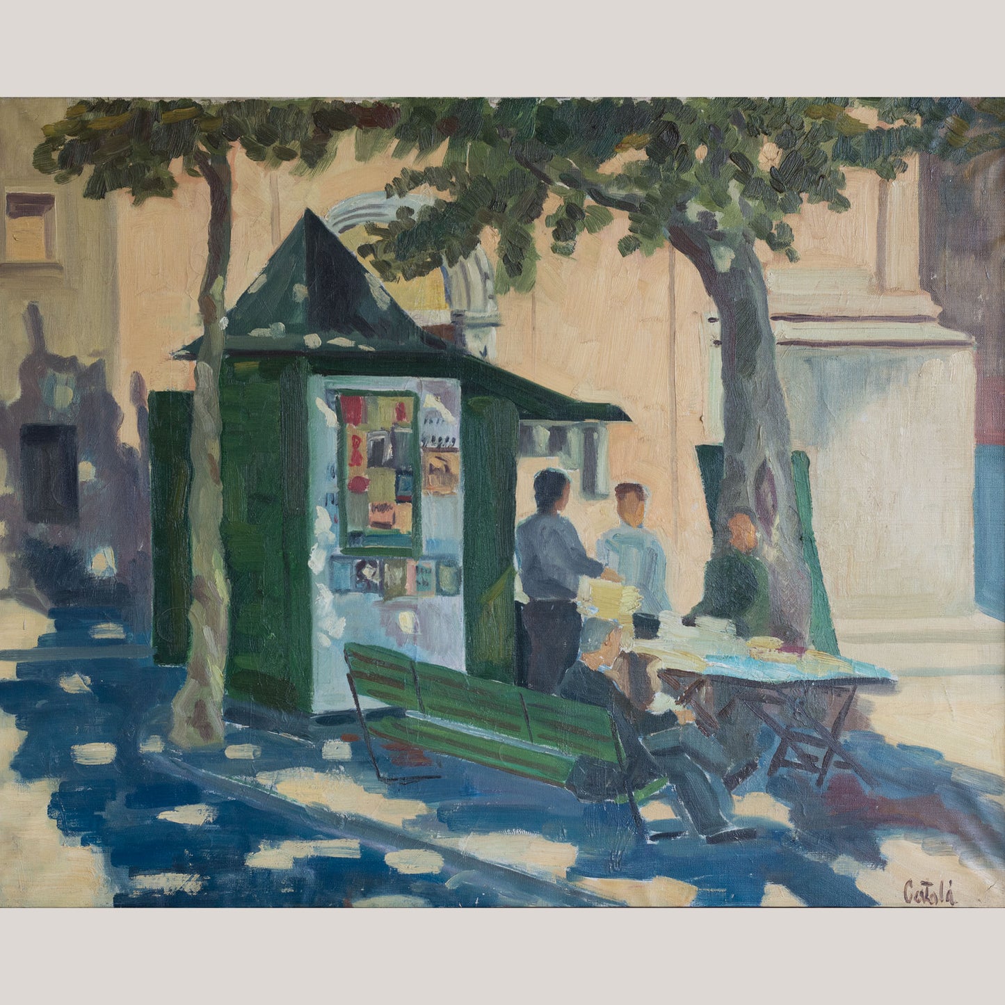 Vintage European Street Scene with Newspaper Kiosk | Possibly Signed Català | Oil on Canvas