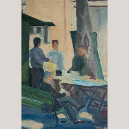Vintage European Street Scene with Newspaper Kiosk | Possibly Signed Català | Oil on Canvas