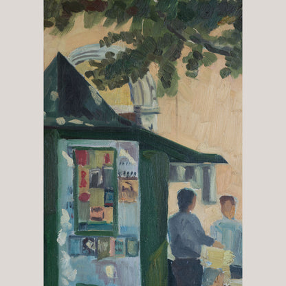 Vintage European Street Scene with Newspaper Kiosk | Possibly Signed Català | Oil on Canvas