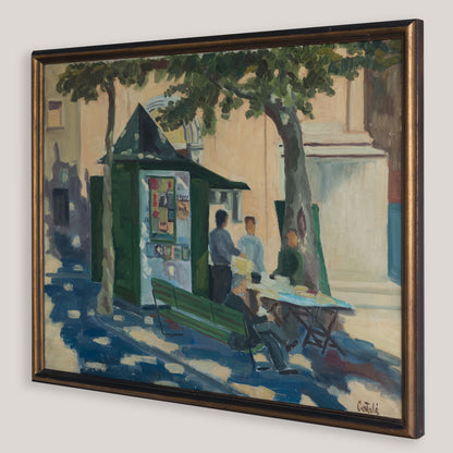 Vintage European Street Scene with Newspaper Kiosk | Possibly Signed Català | Oil on Canvas