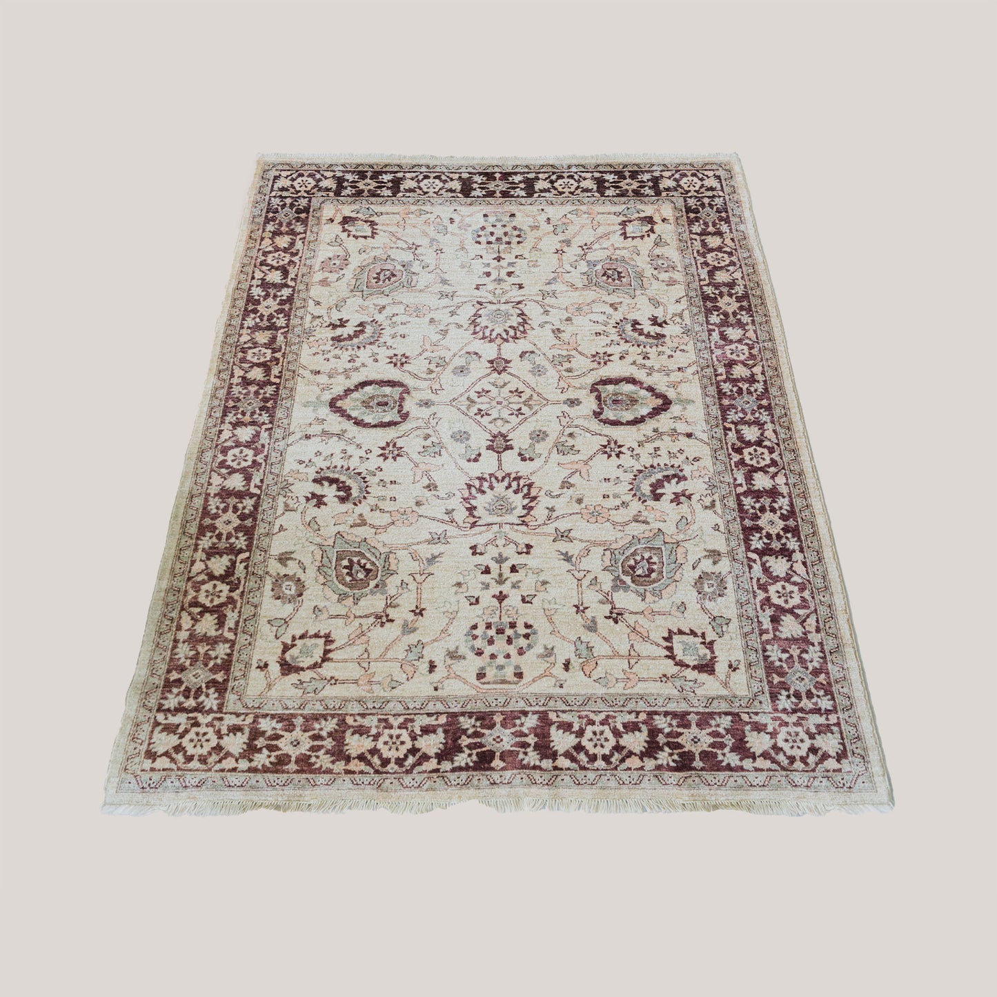 Vintage Indo-Persian Floral Rug | Ivory Ground with Burgundy Border | 273 × 187 cm