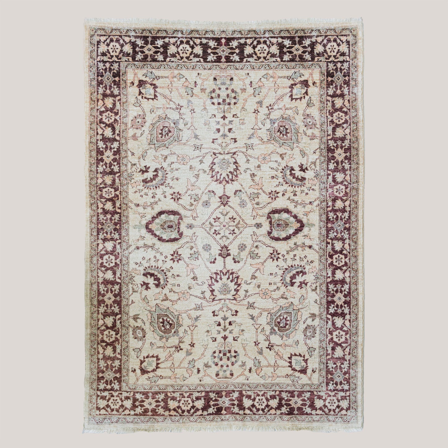 Vintage Indo-Persian Floral Rug | Ivory Ground with Burgundy Border | 273 × 187 cm