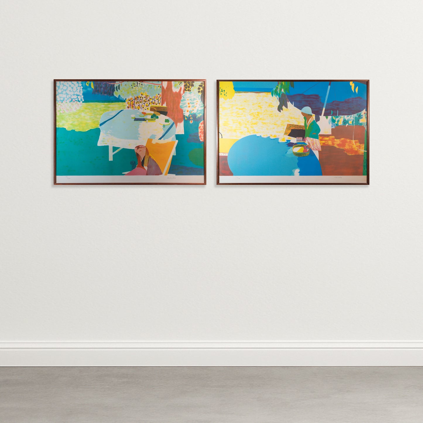 Figurative Garden Scenes by Ortuno – Pair of Framed Vintage Lithographs