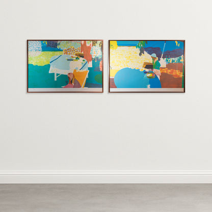 Figurative Garden Scenes by Ortuno – Pair of Framed Vintage Lithographs
