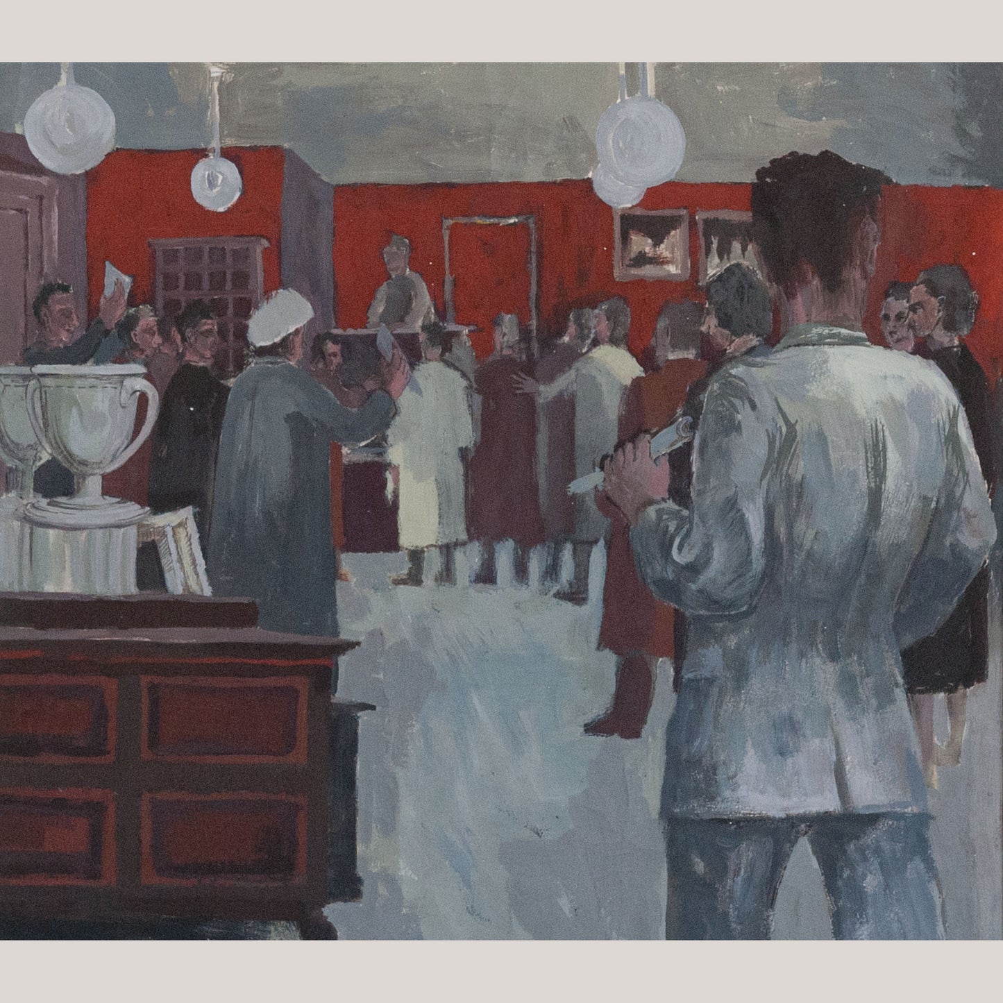 Art and Antiques Auction Scene Gouache Painting