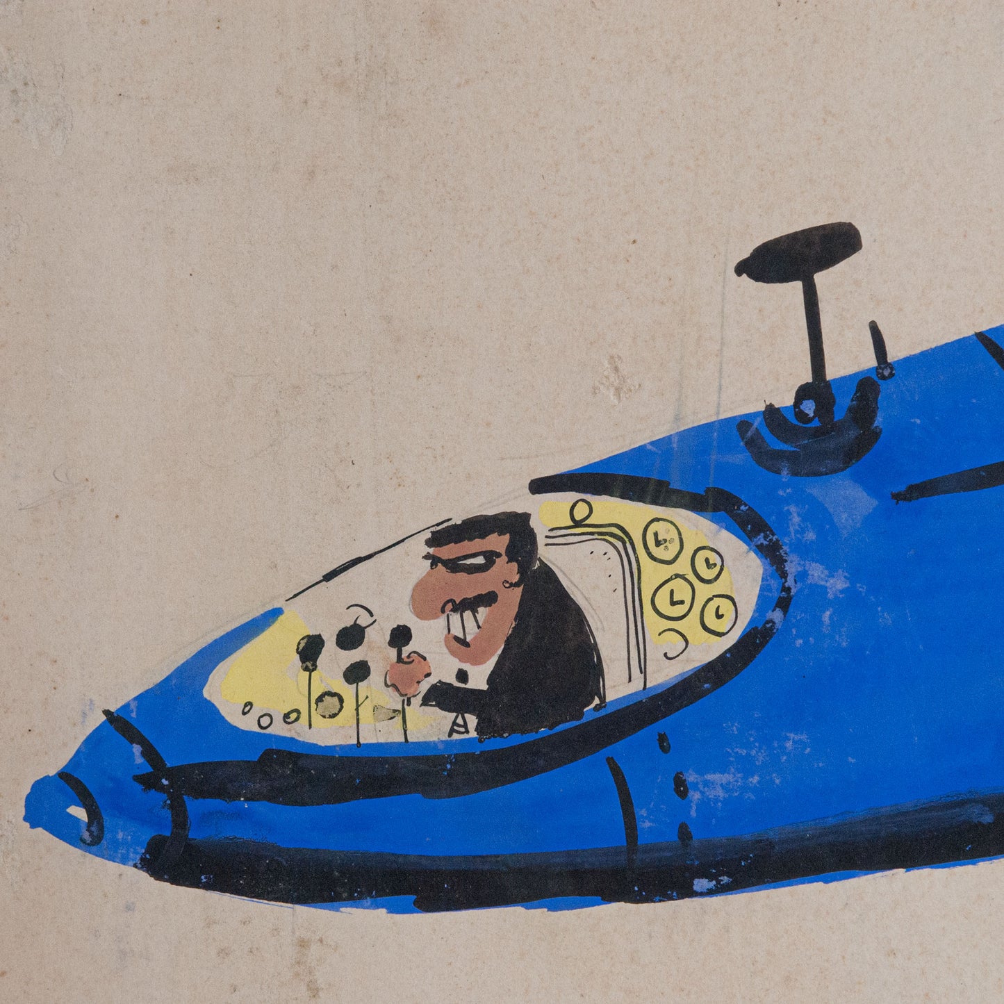 Mid-Century Cartoon Jet Airplane Gouache Illustration, 1964