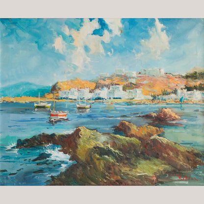 Port of Llança Coastal Harbour Scene, Signed Oil on Canvas