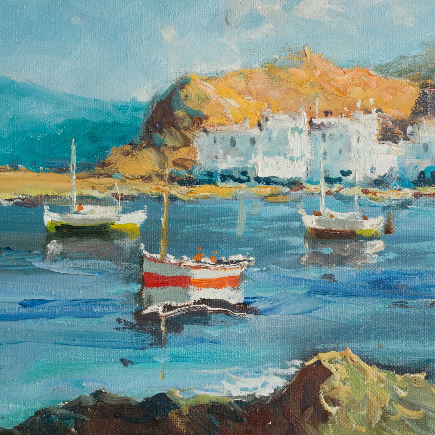 Port of Llança Coastal Harbour Scene, Signed Oil on Canvas
