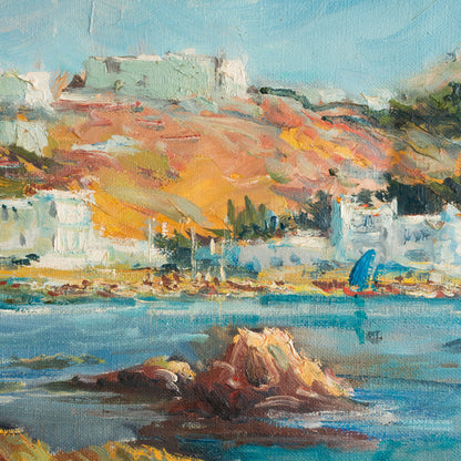 Port of Llança Coastal Harbour Scene, Signed Oil on Canvas