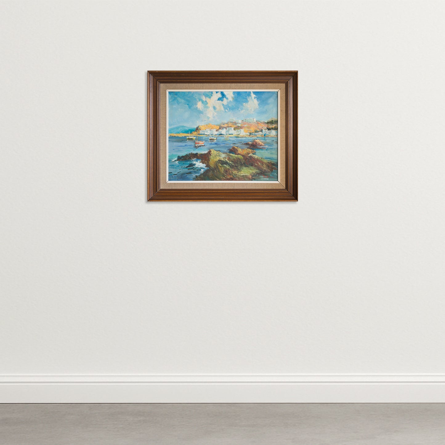 Port of Llança Coastal Harbour Scene, Signed Oil on Canvas