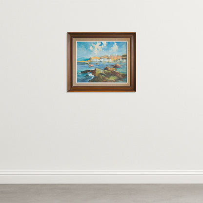 Port of Llança Coastal Harbour Scene, Signed Oil on Canvas