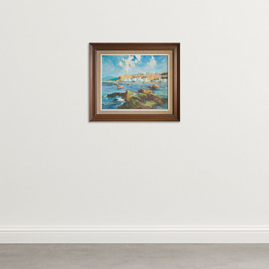 Port of Llança Coastal Harbour Scene, Signed Oil on Canvas