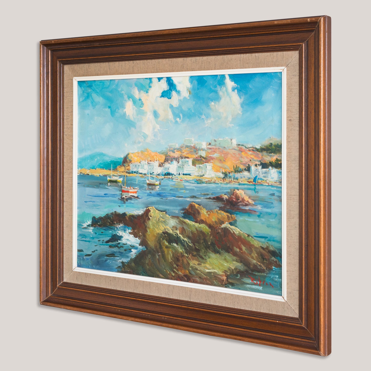 Port of Llança Coastal Harbour Scene, Signed Oil on Canvas