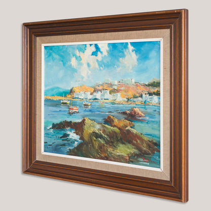 Port of Llança Coastal Harbour Scene, Signed Oil on Canvas