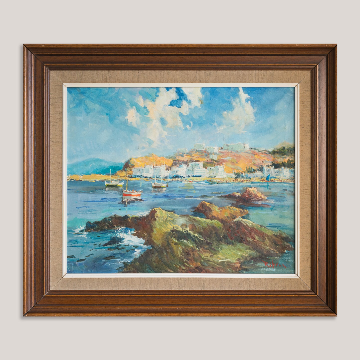 Port of Llança Coastal Harbour Scene, Signed Oil on Canvas