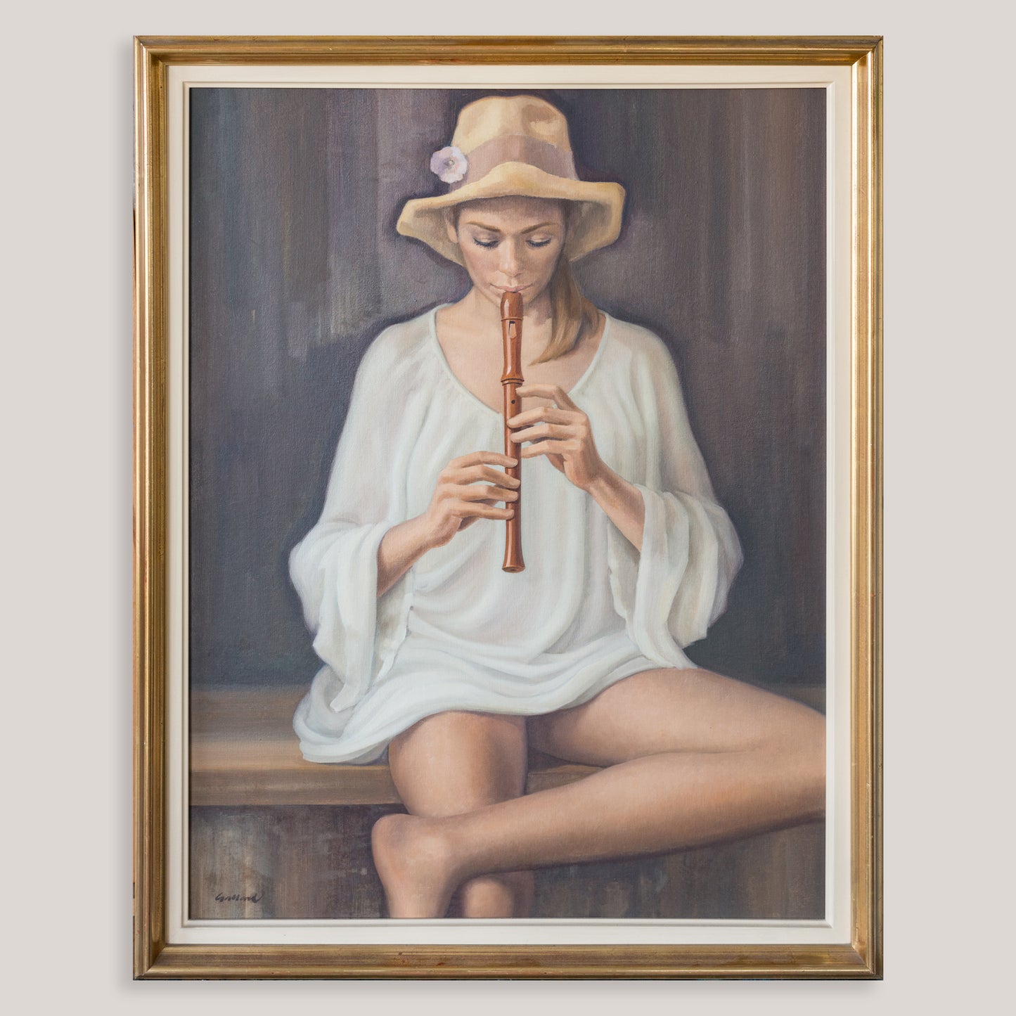 Girl Playing Recorder –Signed Oil on Canvas