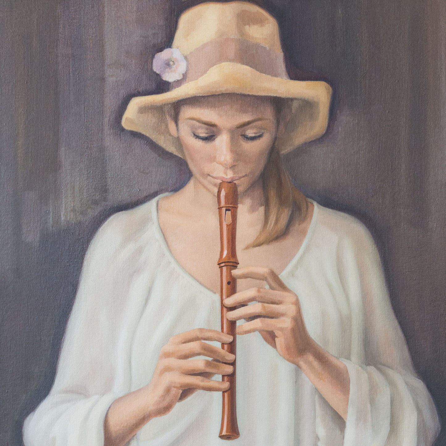 Girl Playing Recorder –Signed Oil on Canvas