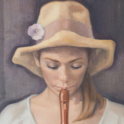 Girl Playing Recorder –Signed Oil on Canvas