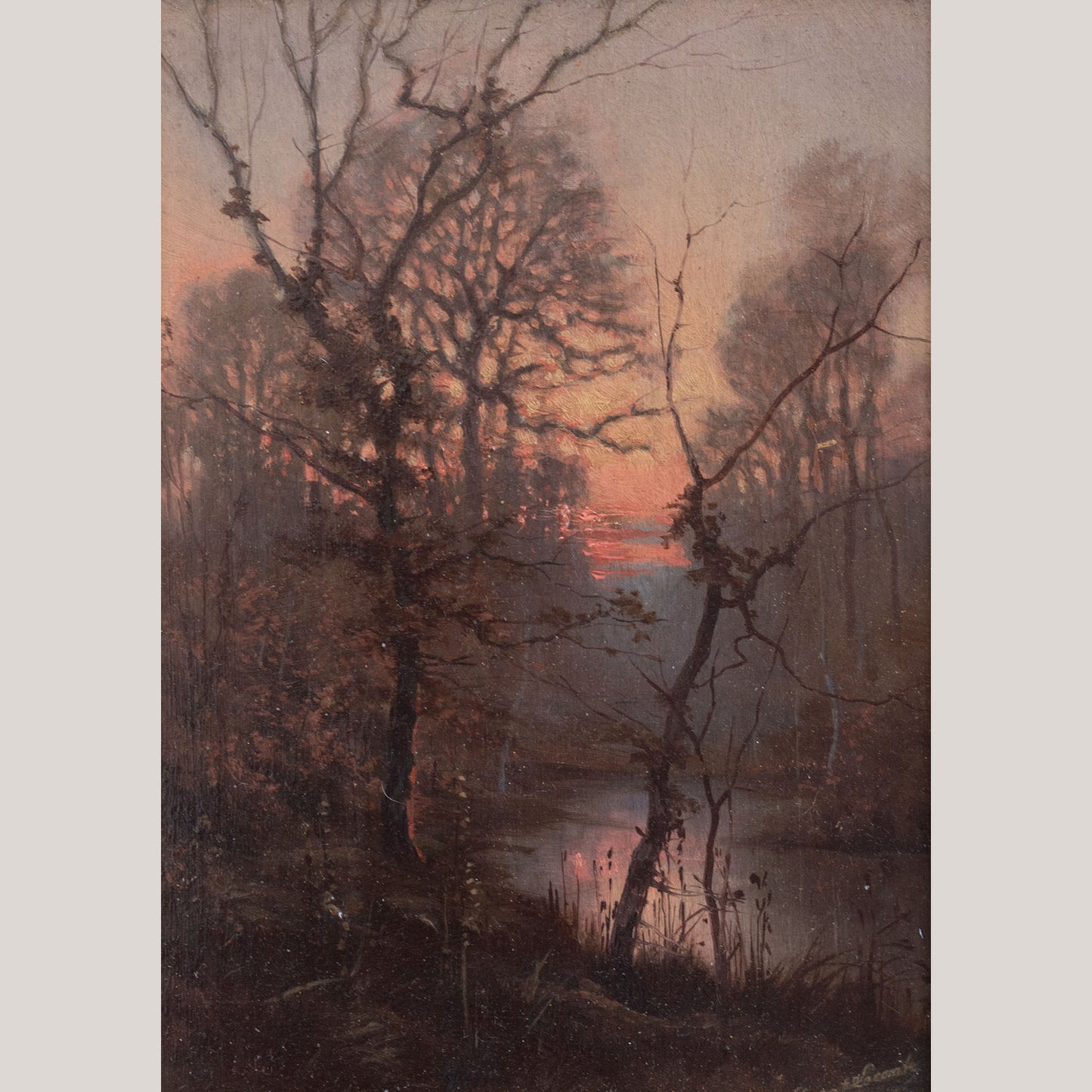 Wooded River Landscape at Sunset - Signed