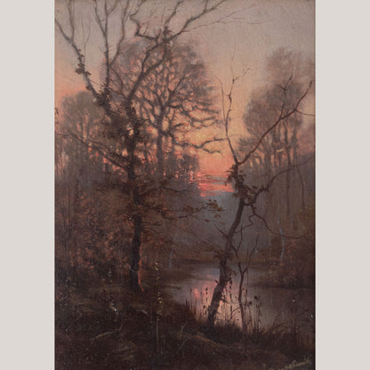 Wooded River Landscape at Sunset - Signed