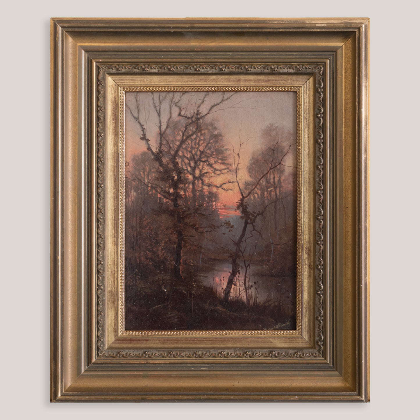 Wooded River Landscape at Sunset - Signed