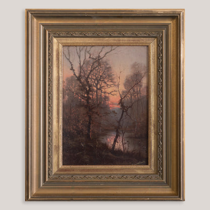 Wooded River Landscape at Sunset - Signed