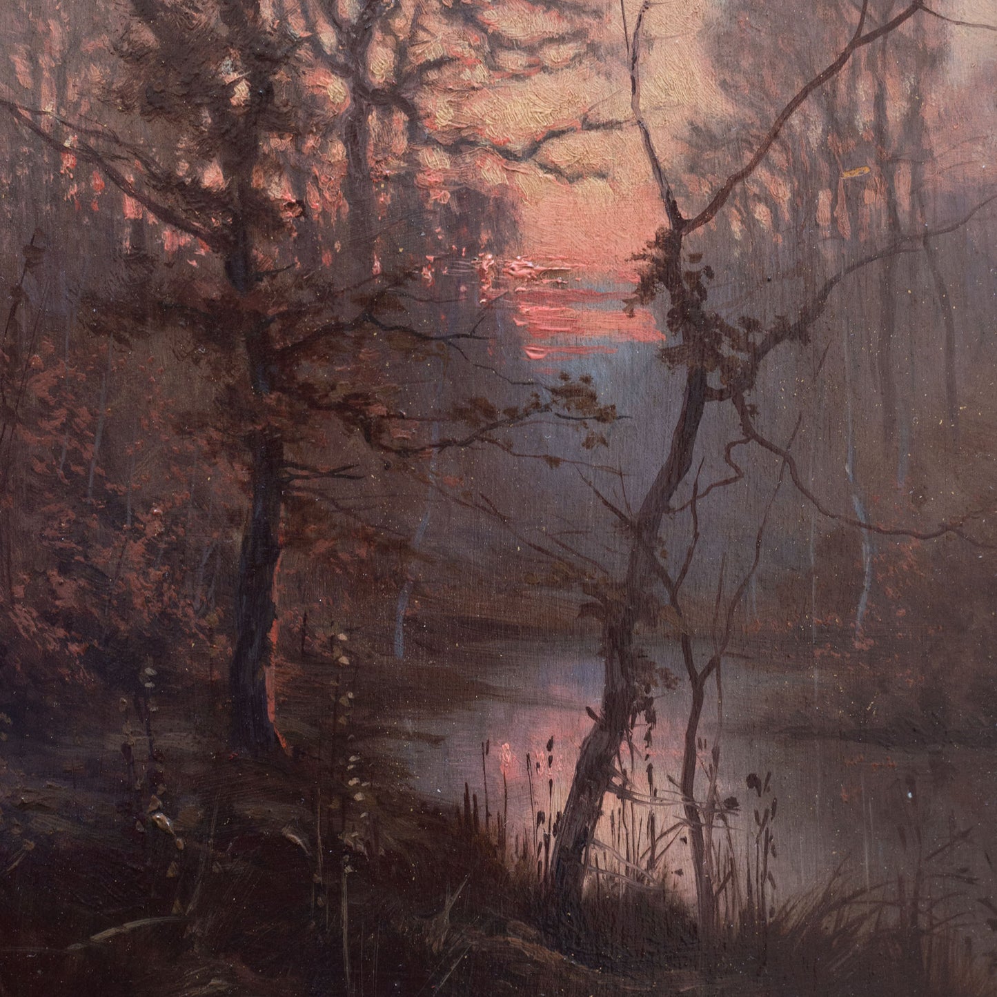Wooded River Landscape at Sunset - Signed