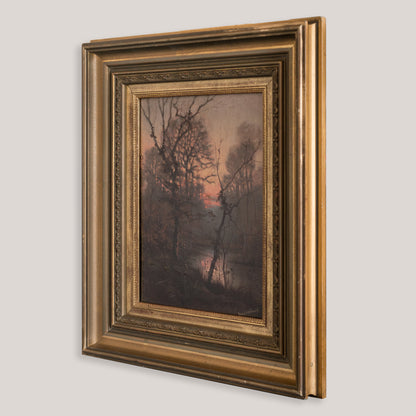 Wooded River Landscape at Sunset - Signed