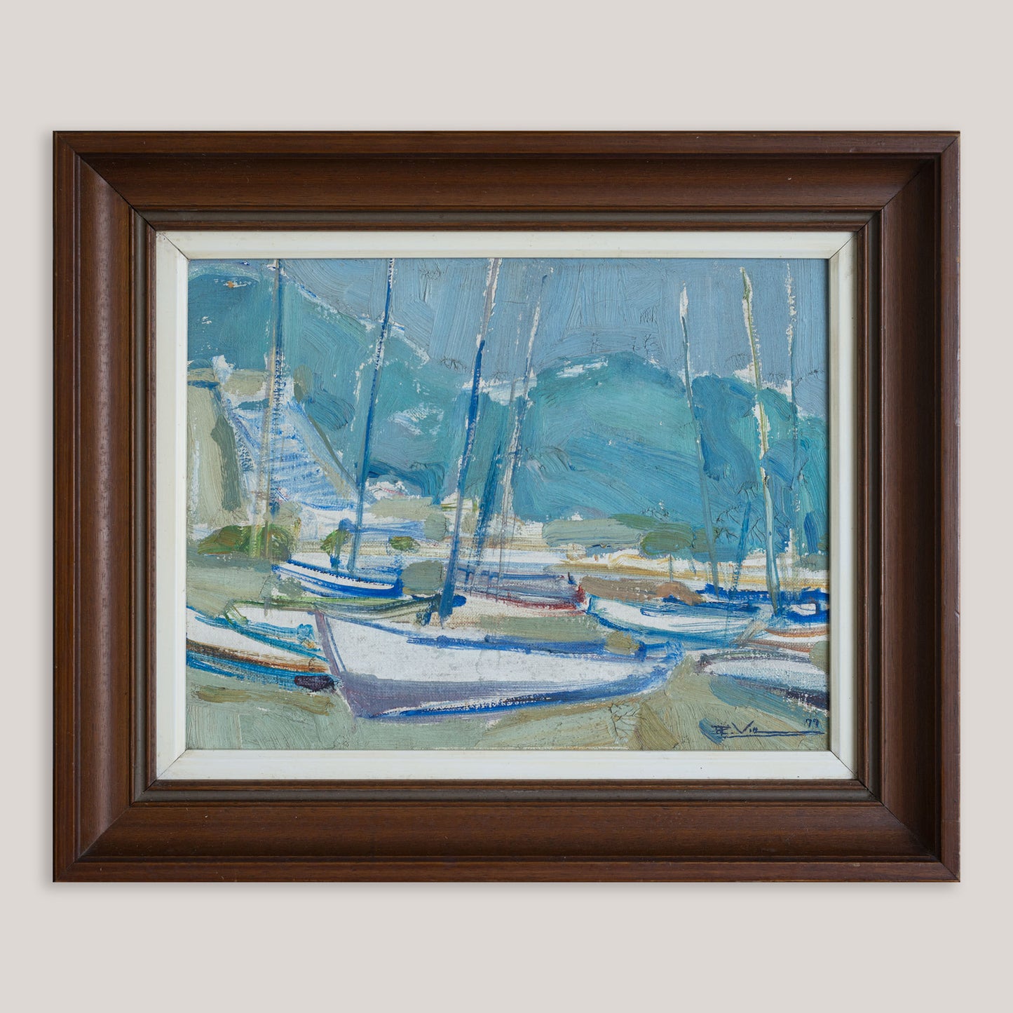 Mid-Century Oil Sketch of Boats in a Harbour - Signed