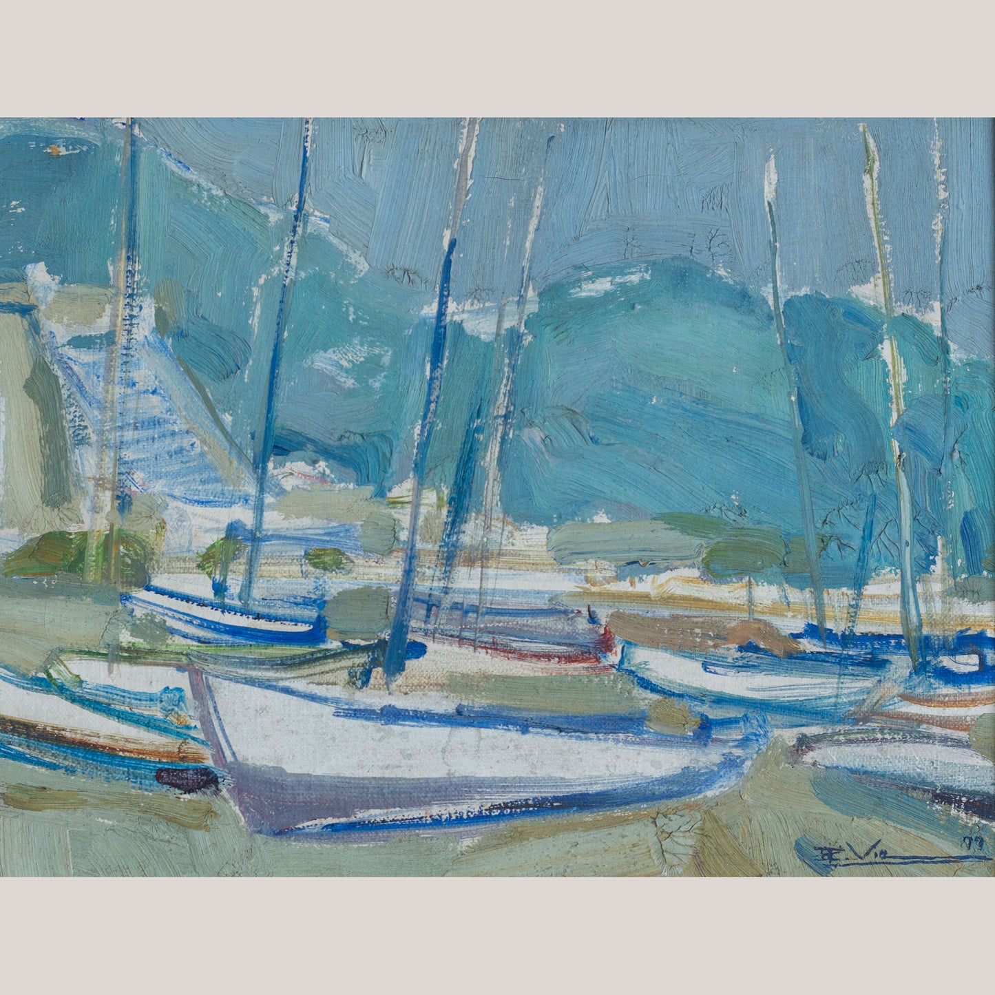 Mid-Century Oil Sketch of Boats in a Harbour - Signed