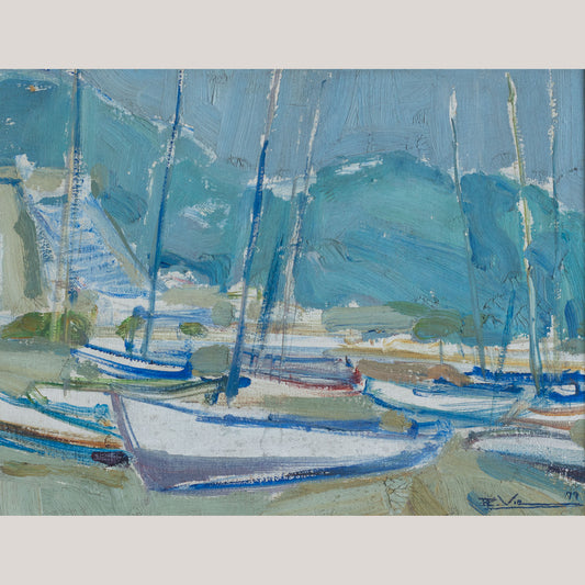 Mid-Century Oil Sketch of Boats in a Harbour - Signed