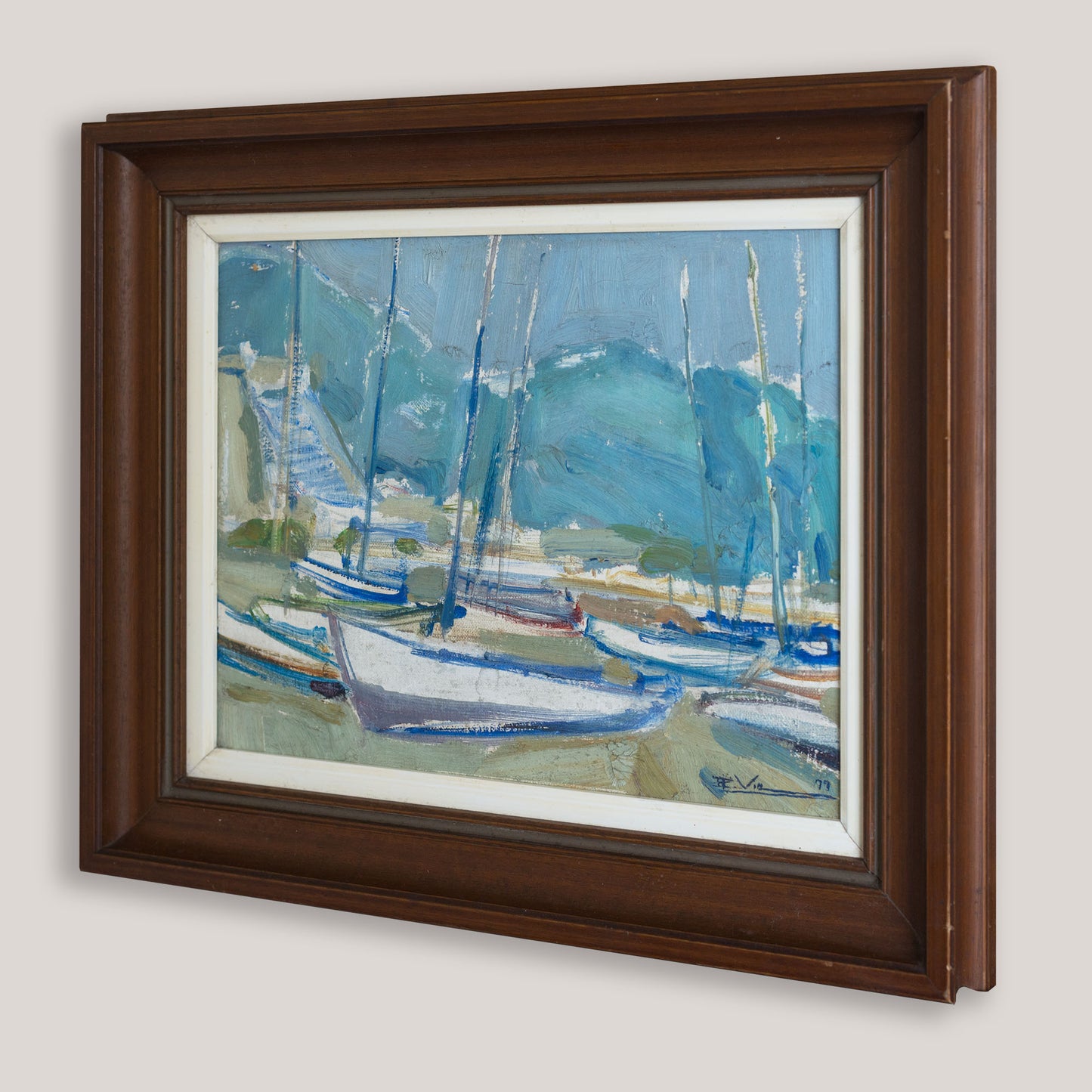Mid-Century Oil Sketch of Boats in a Harbour - Signed
