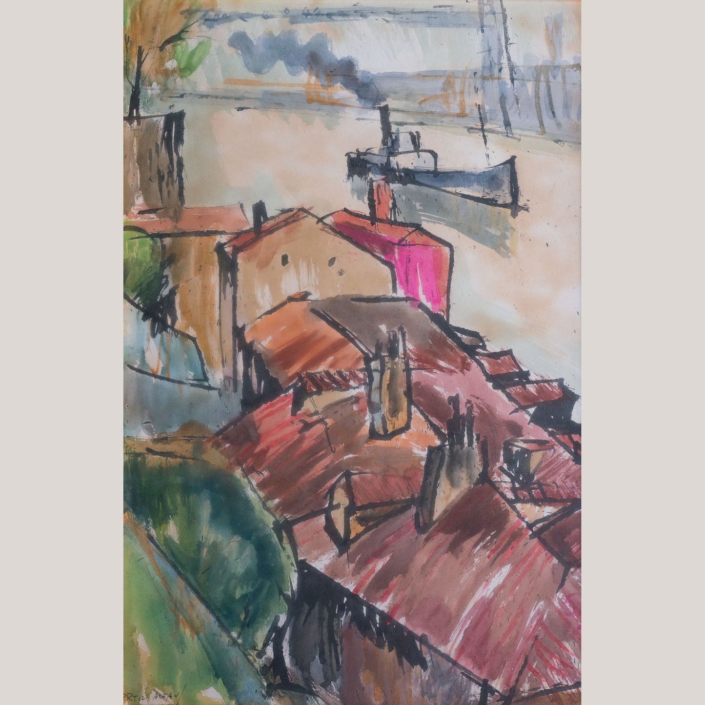 Rafael Ortiz Alfau - Harbour Rooftops -  Cubist Impressionist Influenced Painting