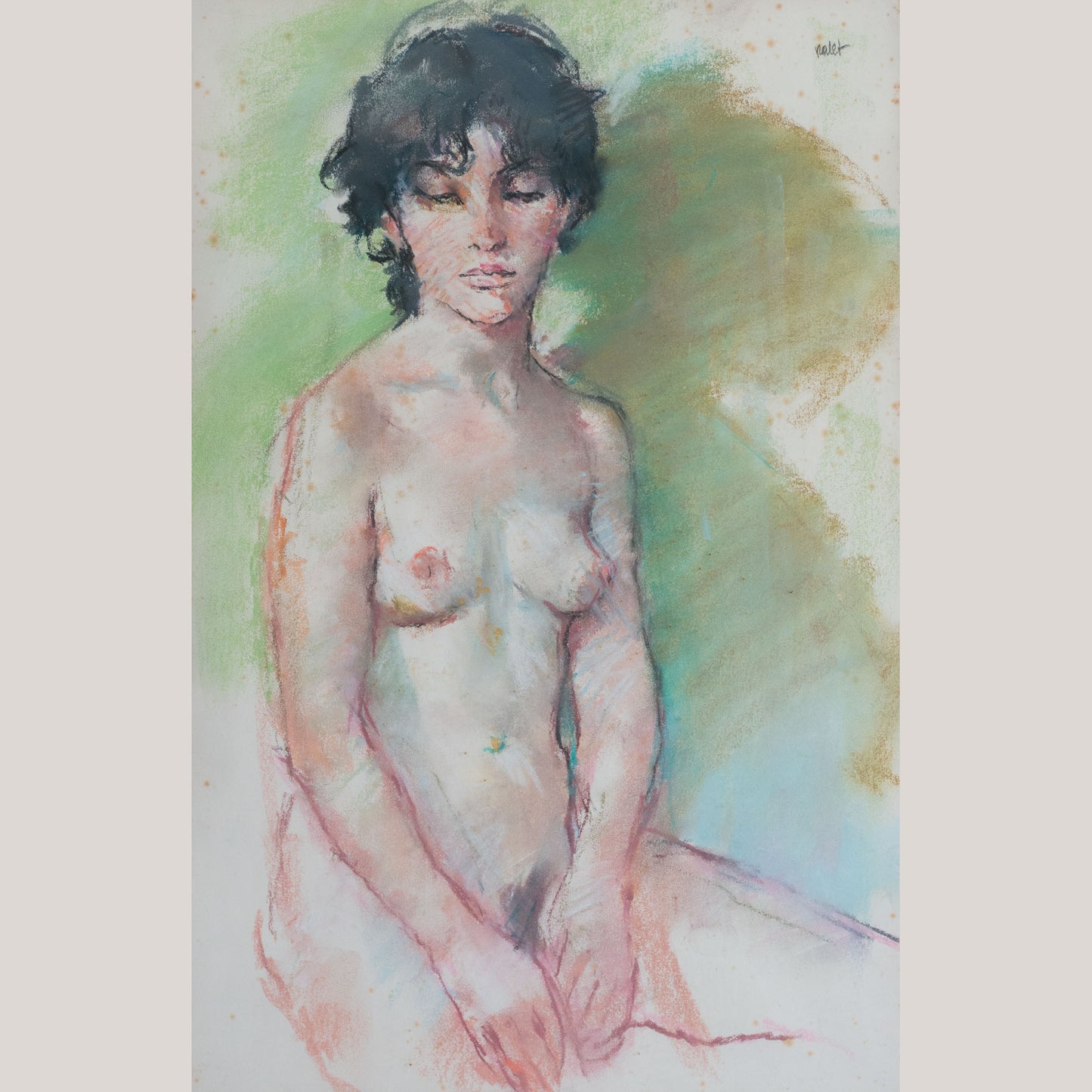 Mid-Century Seated Female Nude Pastel & Watercolour, Signed