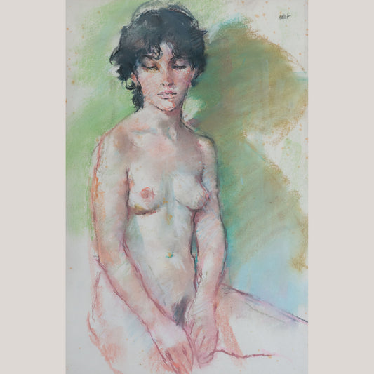 Mid-Century Seated Female Nude Pastel & Watercolour, Signed