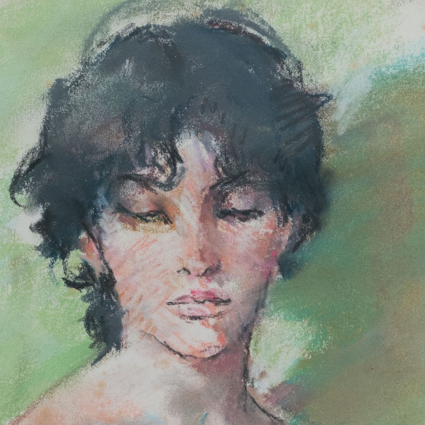 Mid-Century Seated Female Nude Pastel & Watercolour, Signed