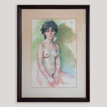 Mid-Century Seated Female Nude Pastel & Watercolour, Signed