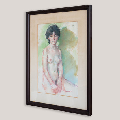 Mid-Century Seated Female Nude Pastel & Watercolour, Signed