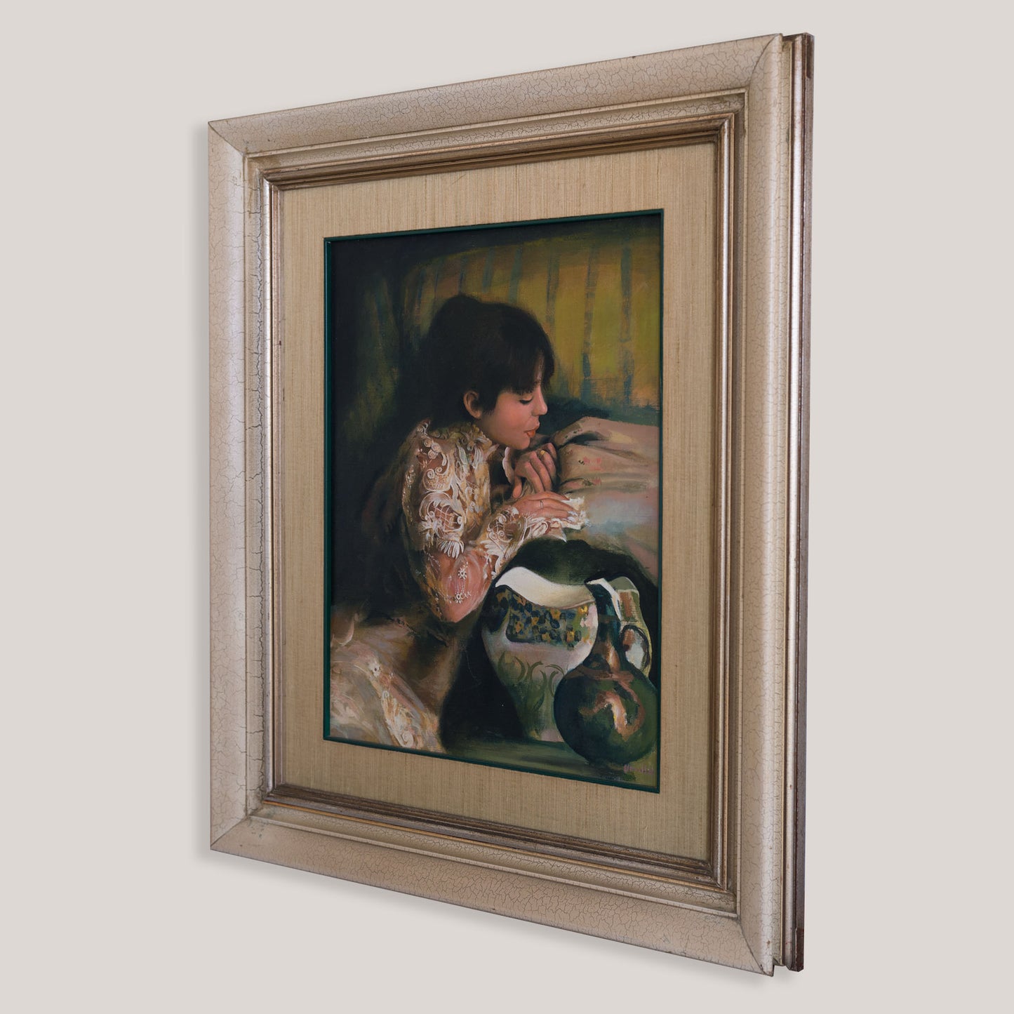 Young Woman in a Fine Spanish Lace Embroidered Blouse - Signed Oil on Canvas