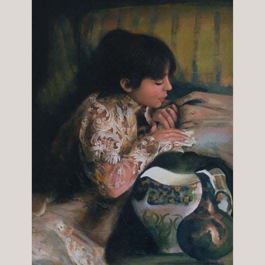 Young Woman in a Fine Spanish Lace Embroidered Blouse - Signed Oil on Canvas