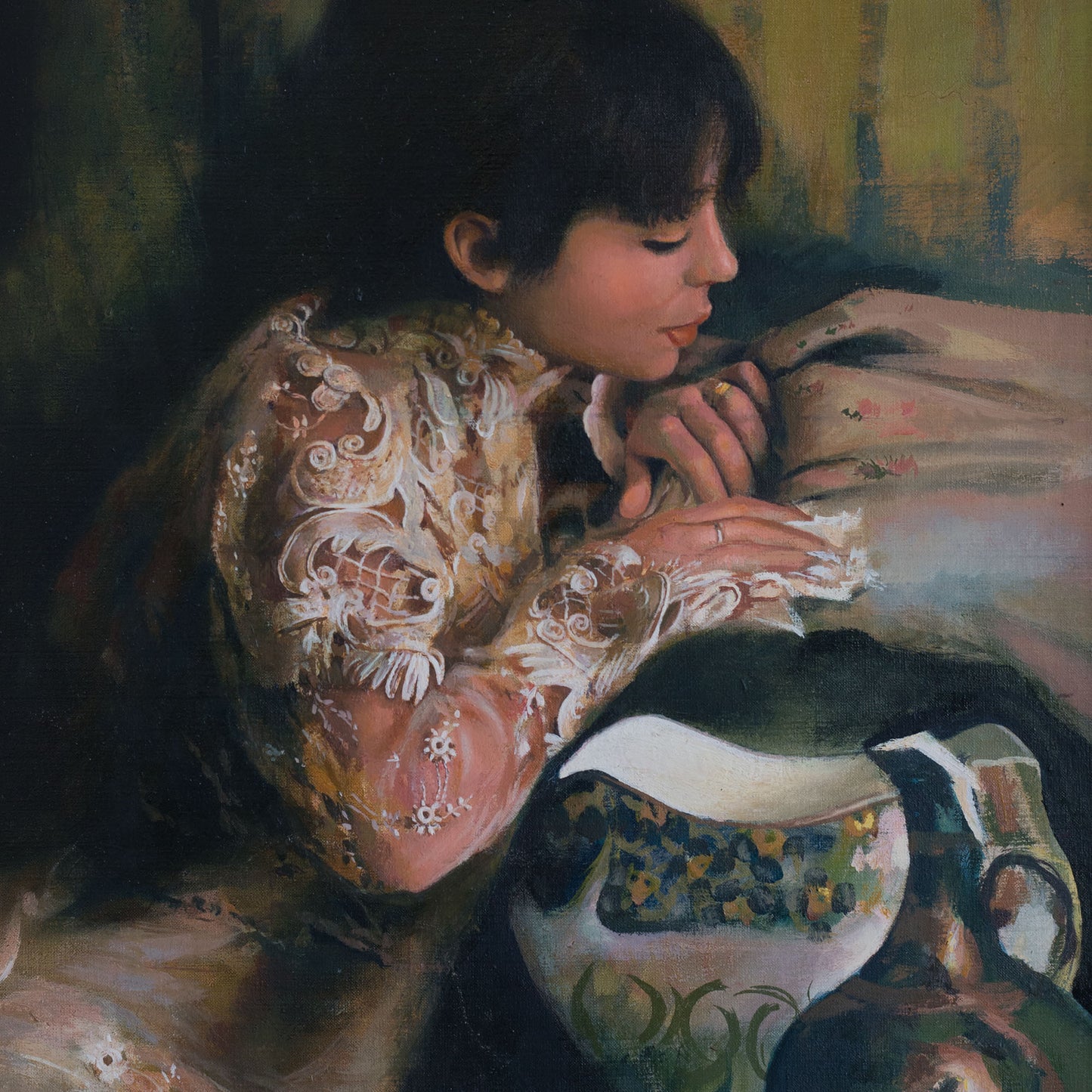 Young Woman in a Fine Spanish Lace Embroidered Blouse - Signed Oil on Canvas