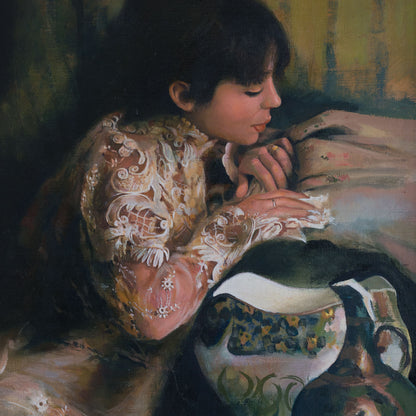 Young Woman in a Fine Spanish Lace Embroidered Blouse - Signed Oil on Canvas