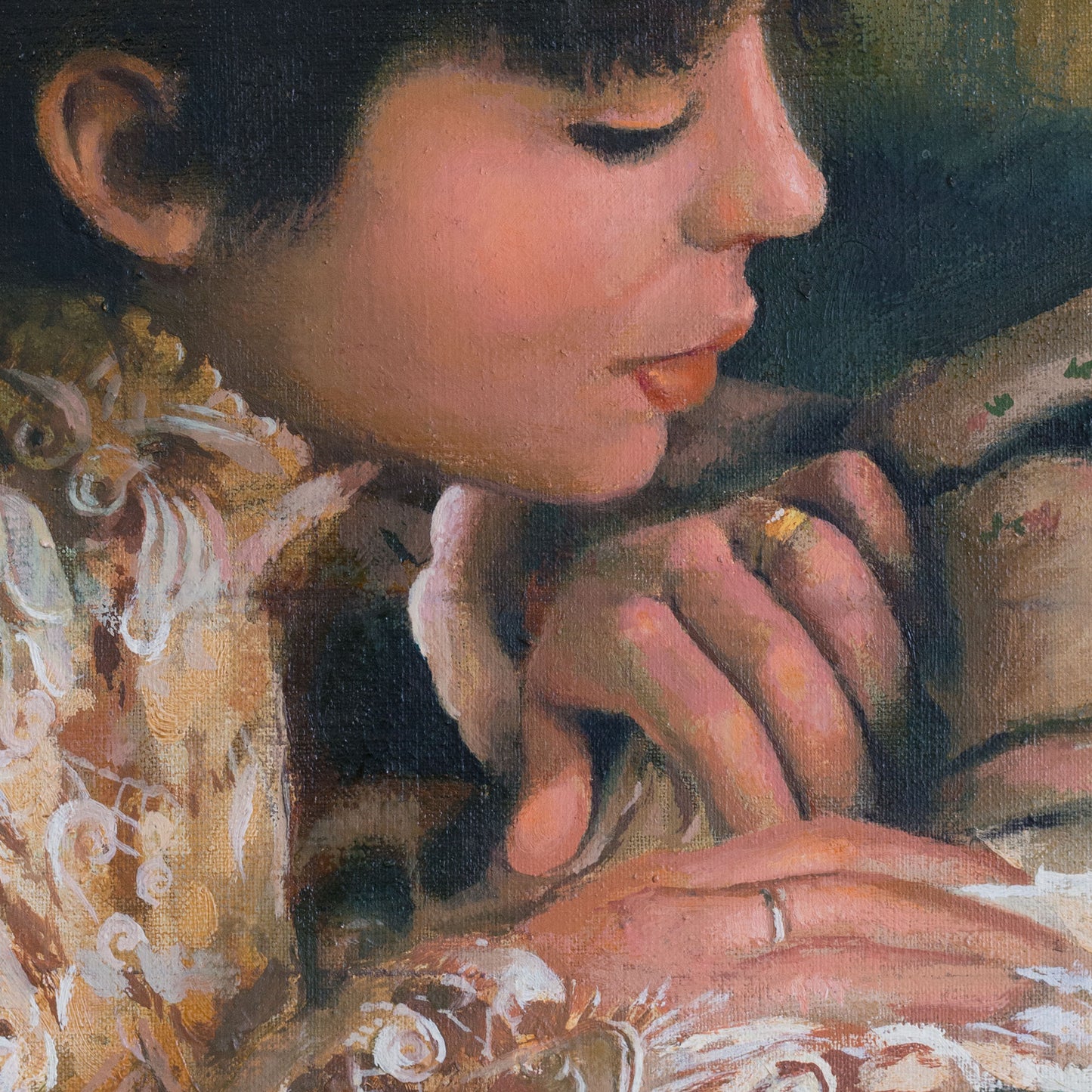 Young Woman in a Fine Spanish Lace Embroidered Blouse - Signed Oil on Canvas