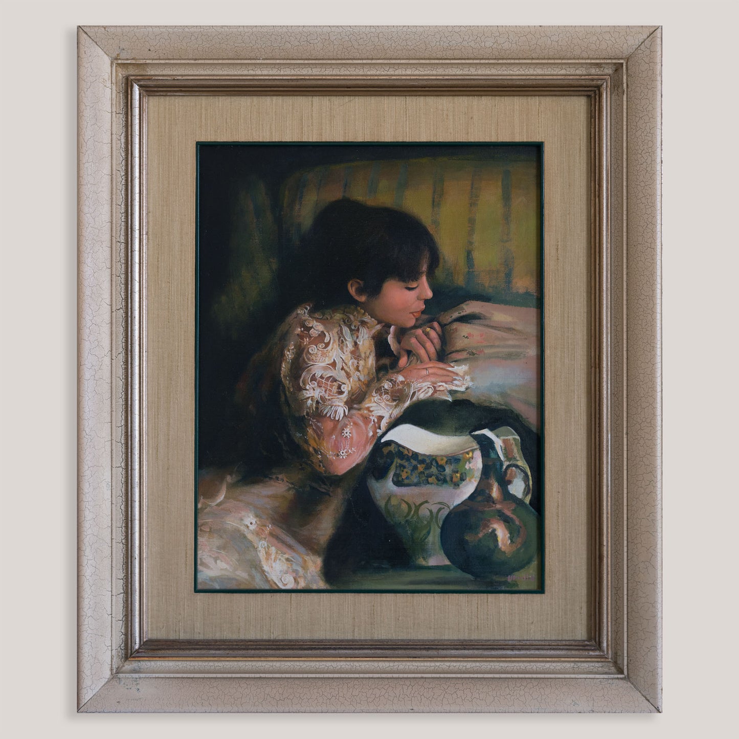 Young Woman in a Fine Spanish Lace Embroidered Blouse - Signed Oil on Canvas